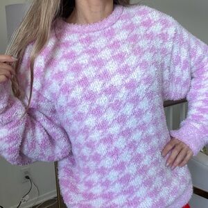 SKIMS Cozy Petal Knit Houndstooth Pullover Sweater Loungwear Sweatshirt Pink S/M